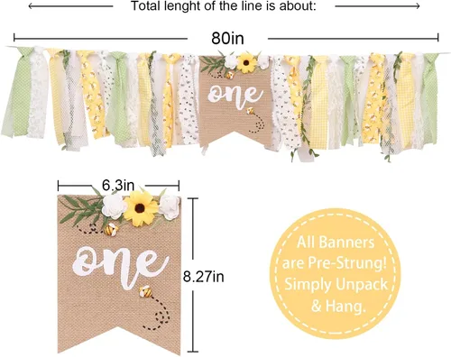 Miniatura 6 de OTURGC Cartel de primer cumpleaños para silla alta con temática de abeja, patrón multicolor de abeja y flores, cartel rectangular de lino de 80 x