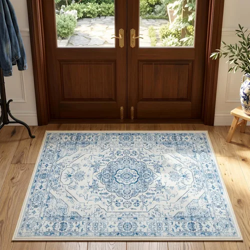 Miniatura 48 de jinchan Alfombra de área pequeña lavable floral vintage, alfombra de entrada simétrica de medio círculo de 2 x 3, alfombra de entrada suave de pelo