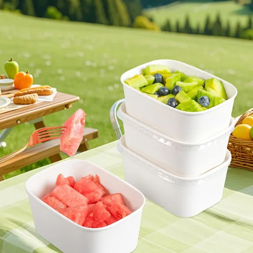 Miniatura 6 de Paquete de 50 cuencos de ensalada desechables con tapas, recipientes de comida de papel kraft blanco de 25 onzas, cuencos rectangulares para sopa a