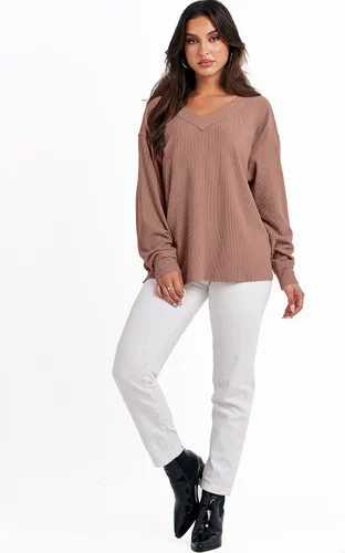 Miniatura 7 de ANRABESS Camisas de manga larga de gran tamaño para mujer, sudadera con hombros descubiertos, holgada, cuello en V, suéter alto y bajo 2025