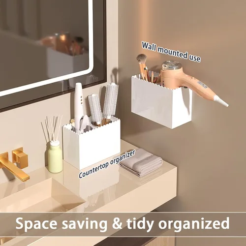 Miniatura 3 de Organizador de herramientas para el cabello, soporte para secadora de pelo de montaje en pared con 2 tazas, diseño festoneado, organizador