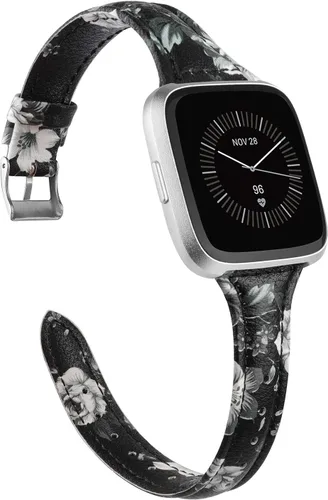 TOYOUTHS Correa de cuero compatible con Fitbit Versa/Versa 2, correas de reloj para mujeres y hombres, pulseras delgadas de cuero genuino de Negro /