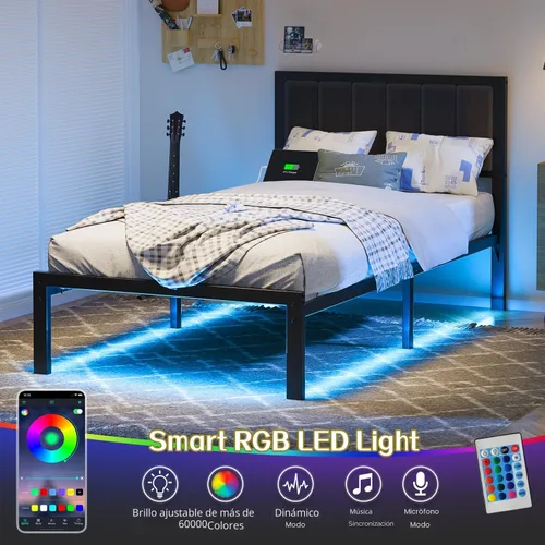 Miniatura 3 de OLEVS Base de cama individual con cabecero, plataforma de metal, tamaño individual, con estación de carga USB y luces LED, no necesita somier