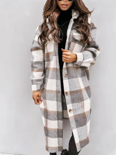 Miniatura 2 de Yousify Chaqueta larga con solapa a cuadros para mujer cepillada con botones y bolsillos