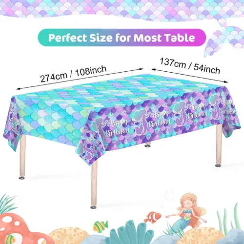 Miniatura 2 de 1 mantel de sirena – Mantel de sirena de feliz cumpleaños, mantel rectangular de plástico desechable con diseño de sirenas para decoración