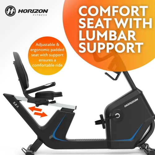 Miniatura 6 de Bicicleta reclinada Horizon Fitness 5.0R, para fitness y cardio, bicicleta de ciclismo con resistencia magnética y Bluetooth, asiento cómodo