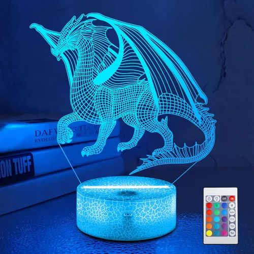 Lampeez Lámpara de Dragón 3D Luz Nocturna Lámpara de Ilusión 3D para Niños, 16 Colores Cambiantes con Control Remoto, Decoración de Dormitorio para