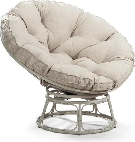 Miniatura 3 de Papasan - Silla con cojín, base giratoria de 360°, platillo grande, marco gris claro, poliéster beige