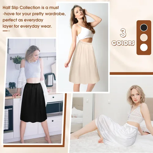 Miniatura 6 de Zhanmai 3 piezas de medias ranuras para debajo de los vestidos, falda extensores, falda para mujer, medio deslizante, satén, antiestática, encaje