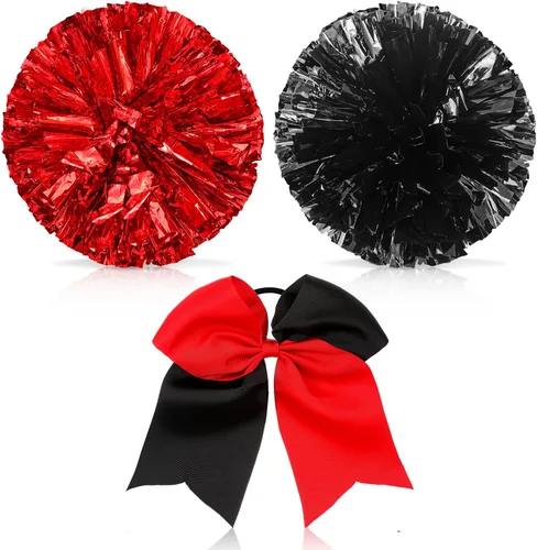 Miniatura 21 de Set de 3 pompones de animadora de 30 cm y gran sujetador de moño de cola de caballo para niña, grandes pompones metálicos de animadora para el Negro
