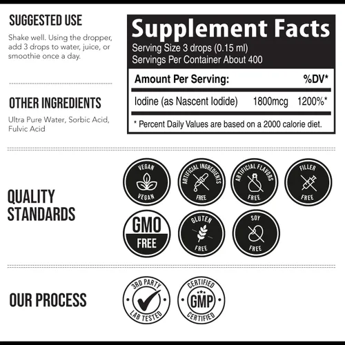 Miniatura 7 de Suplemento de yodo Nascent 400 porciones, botella de vidrio, vegano, 1800 mcg - 600 mcg por gota - Color puro y transparente - Apoya la salud