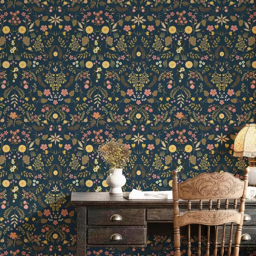 Miniatura 2 de Simon&Siff Papel Tapiz Floral Despegar y Pegar Azul Marino Bohemio Papel de Pared 60" x 17.3" Azul Oscuro Flores Florecientes Flores Silvestres