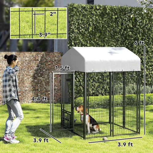 Miniatura 7 de PawHut Jaula de 4' x 4' x 6' para perros al aire libre, Jaula de alambre soldado para perros con rotación de 360° y cuencos ajustables de 4 niveles