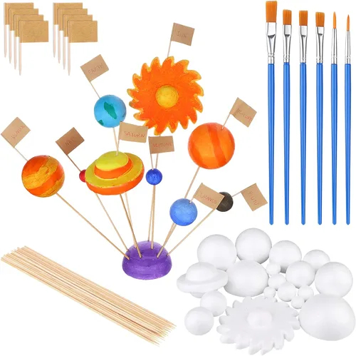 Miniatura 7 de El kit de 60 bolas de espuma de modelo de sistema solar incluye 18 bolas de esferas de poliestireno de tamaño mixto, 18 palos de bambú largos, 18