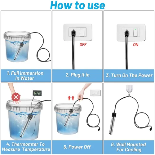 Miniatura 7 de Calentador de agua de inmersión de 2000W, calentador de agua eléctrico portátil con protección de 304 S S y termómetro LCD, calentador de balde