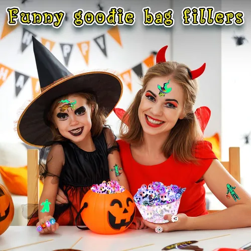 Miniatura 4 de 60 recuerdos de fiesta de Halloween para niños, anillos y tatuajes iluminados, 50 anillos intermitentes LED y 10 tatuajes luminosos, rellenos