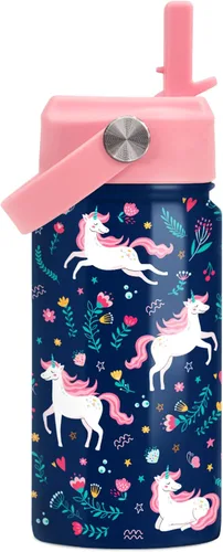 Miniatura 12 de SANDJEST Botella de Agua para Niños con Tapa de Pajita - 12 Oz Botella de Acero Inoxidable Aislada con Dibujo de Animales para Niños y Niñas - Taza