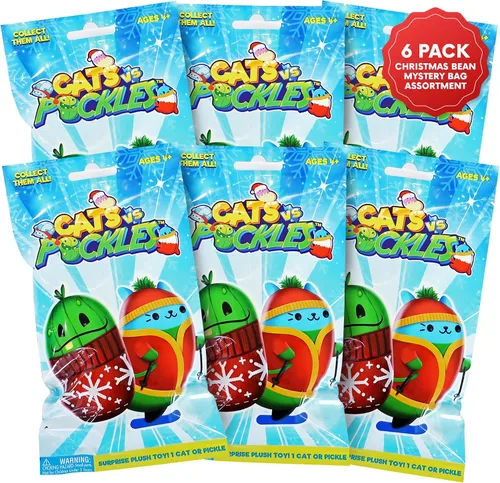 Cats vs Pickles Paquete de 6 bolsas misteriosas de frijoles navideños – Peluches rellenos de frijoles de 4 pulgadas – Relleno de calcetines – Bolsas