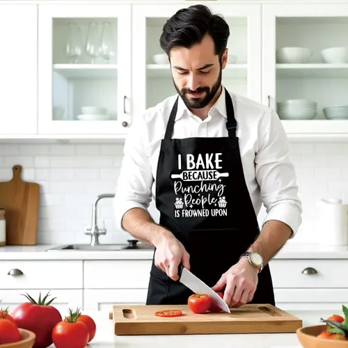 Miniatura 5 de Divertidos delantales para hornear con texto en inglés "I Bake Because Punching People is Frowned Upon", delantales negros de cocina para mujer