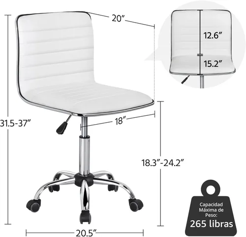 Miniatura 3 de Yaheetech Silla de trabajo ajustable de piel sintética con respaldo bajo acanalado sin brazos giratoria blanca silla de escritorio silla de oficina