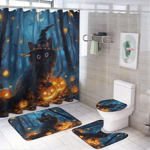 Miniatura 11 de Juego de 4 cortinas de ducha divertidas con diseño de gato, calabaza, luna, con alfombras, tapa de inodoro y tapete de baño, farol de Halloween