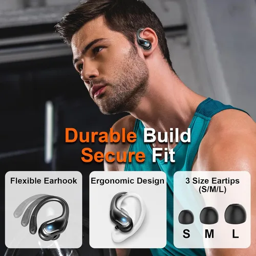 Miniatura 5 de Ltinist - Audífonos inalámbricos circumaurales con ganchos para las orejas, con Bluetooth 5.3, 75 horas de reproducción, auriculares deportivos e