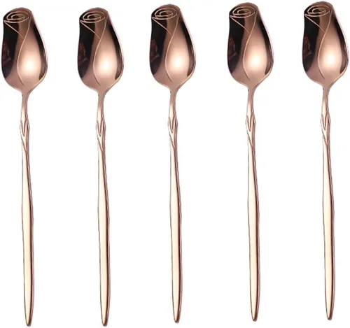 Miniatura 7 de Juego de cucharas de acero inoxidable, paquete de 5, cucharas de flores de rosas y postre, lindo (colorido)