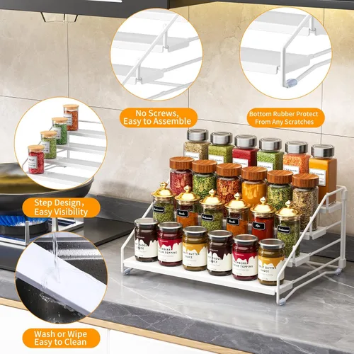 Miniatura 5 de RCHYFEED Organizador de especias para gabinete, organización de especias de 4 niveles para gabinete de profundidad ajustable, organizador de Blanco