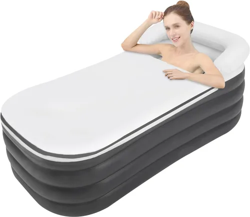 Miniatura 10 de Bañera inflable con bomba de aire eléctrica y soporte para tazas, bañera inflable portátil verde oscuro para interiores o exteriores, baño