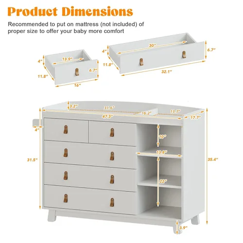 Miniatura 5 de Cómoda para bebé con cambiador, cambiador de bebé con 5 cajones y estantes ajustables, estación multifuncional para cambiar pañales, organizador