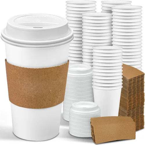 Miniatura 8 de Ginkgo Paquete de 100 Tazas de Café de Papel Engrosado de 8 oz con Tapas y Fundas Blancas, Tazas de Café Desechables para Llevar para Café Espresso