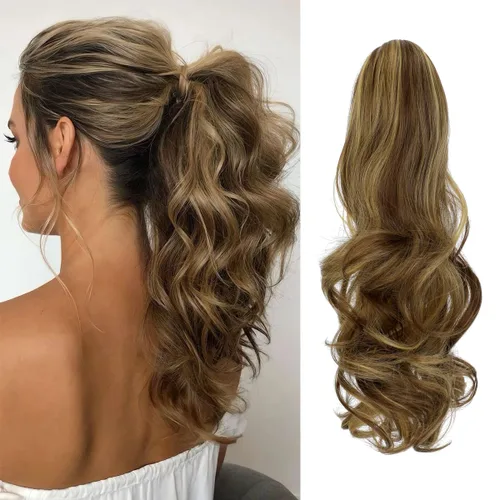 Miniatura 29 de Felendy Extensión de cola de caballo de 18 pulgadas, mezcla de rubio ceniza, marrón oscuro, rizado, ondulado, con clip, extensiones de cabello largo
