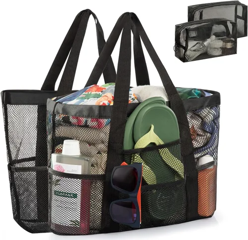 Miniatura 4 de Bolsa de playa de malla, bolsa de playa para mujer, impermeable, a prueba de arena, con bolsa de maquillaje de malla, artículos esenciales