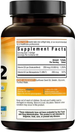 Miniatura 8 de Suplemento de Vitamina D3 K2 de Vitalibre, 10000 IU D3 / 200 mcg K2 MK7, Absorción de Calcio, Apoyo para Huesos, Corazón, Sistema Inmunológico