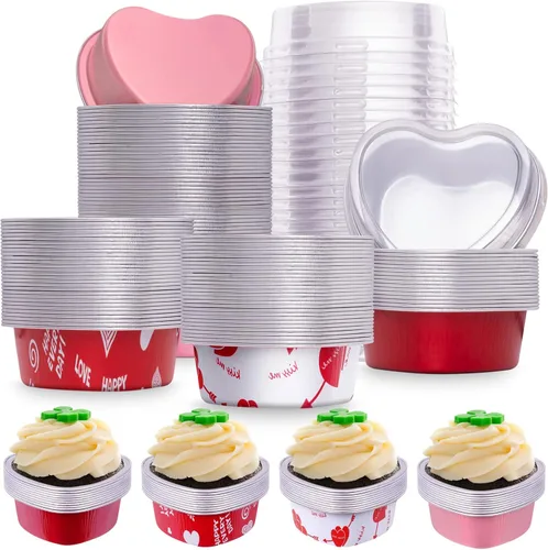 Miniatura 8 de yeload 60 moldes para pasteles en forma de corazón con tapas, mini moldes de aluminio, 3.4 onzas/3.4 fl oz de papel de aluminio desechable, molde