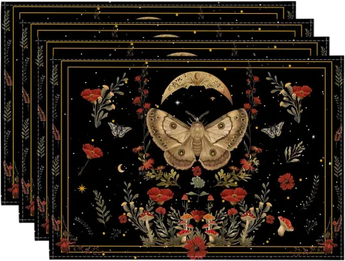 Artoid Mode Juego de 4 manteles individuales de luna y polilla de amapola negra, 12 x 18 pulgadas, manteles individuales florales de primavera para