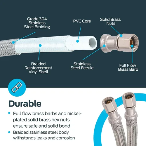 Miniatura 5 de Eastman Conector flexible para máquina de hielo de 20 pies, conexión de compresión de 1/4 pulgadas x 1/4 pulgadas, acero inoxidable trenzado