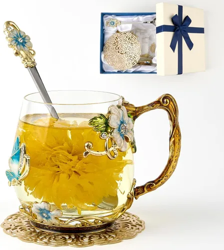 Miniatura 13 de Taza de té con flores, taza de café de vidrio transparente elegante con cuchara, caja de regalo para ella, mamá, esposa, abuela, niñas, amigas, idea