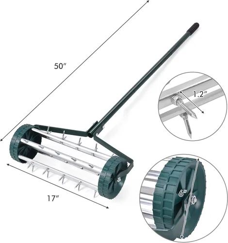 Miniatura 7 de GYMAX Aireador de césped, aireador rodante con mango antideslizante y picos de púas, aireador de enchufe de empuje para jardín, mantenimiento
