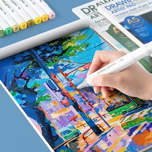 Miniatura 6 de TRANSON Cuaderno de bocetos de medios mixtos para artistas con marcador, 5.8”x8.3” 80 hojas A5 de papel de arte, 80lb/120gsm para pintar, dibujar