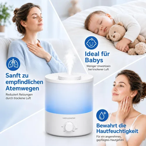 Miniatura 3 de Humidificador Ultrasónico de Vapor Frío MegaWise SK7620 - Capacidad de 1.5L, Operación Silenciosa, Salida de Vapor Ajustable, Apagado Automático