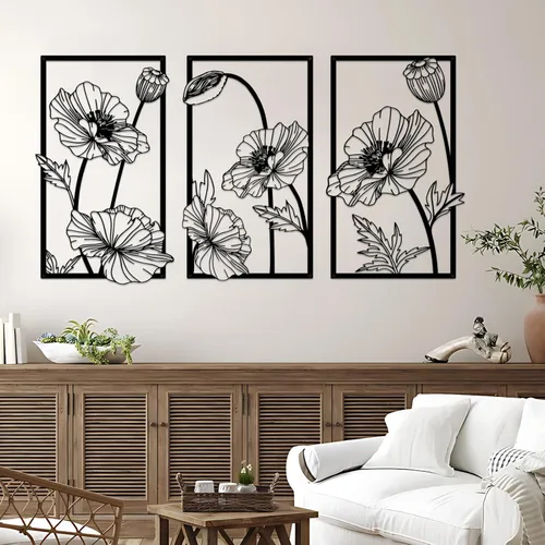 Miniatura 10 de Resama 3 piezas de arte de pared de metal, flores colgantes de flores, escultura de pared de metal rústico 2D para sala de estar, dormitorio