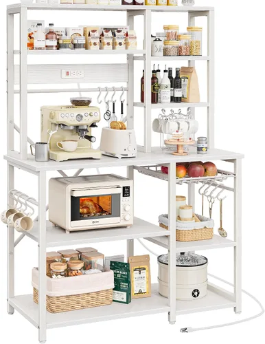 Miniatura 11 de SUPERJARE Estante grande de panadería con tomas de corriente, soporte para microondas de 6 niveles, barra de café con 12 ganchos en forma de S