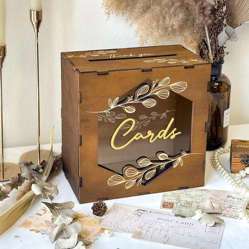 Miniatura 2 de Caja de tarjetas de boda marrón OurWarm con ventana de acrílico, caja de tarjetas de regalo de madera para decoraciones de recepción de boda, caja