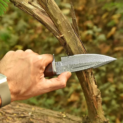 Miniatura 3 de Cuchillo de caza de Damasco hecho a mano de 10 pulgadas con funda de cuero, ideal para desollar, acampar, al aire libre, cuchillo de bushcraft