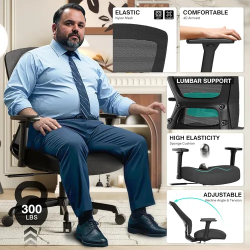 Miniatura 5 de ELABEST T96C Silla Ergonómica de Oficina en Casa, Silla de Escritorio de Malla para Computadora con Reposabrazos 4D, Soporte Lumbar Ajustable, Silla