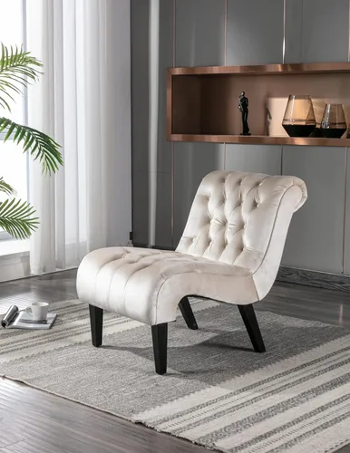 Modern Velvet Armless Accent Living Room Chair,Upholstered Fabric Button Comfortable Leisure Chair with Wooden Legs for Bedroom,Office (Beige Velvet)