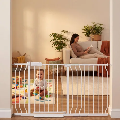 Miniatura 31 de Puerta extra ancha para bebé, puertas de seguridad extra altas para interiores, metal negro, gran montaje a presión, puerta para mascotas, puerta