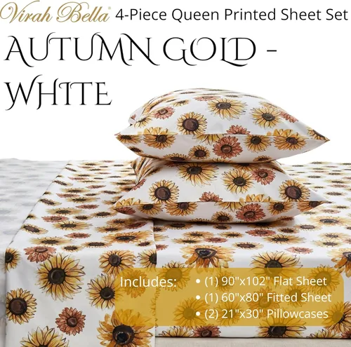 Miniatura 2 de Virah Bella Juego de sábanas de microfibra con estampado de 4 piezas tamaño queen - Otoño dorado - Blanco