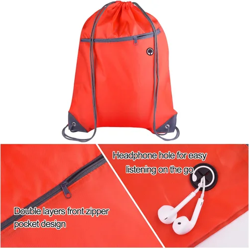 Miniatura 4 de KUUQA Bolsas de mochila con cordón a granel con bolsillo con cremallera y agujero para auriculares, Rojo -, Viajar